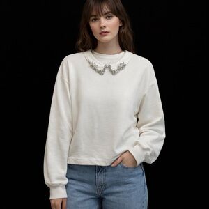 ZARA Off-White Embellished Collar Sweatshirt | Size S